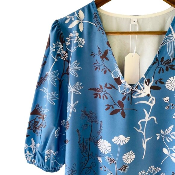 Floral V-Neck Mini Dress Sz Medium with Puff Sleeves Eco-Friendly Blue Botanical - Picture 3 of 10